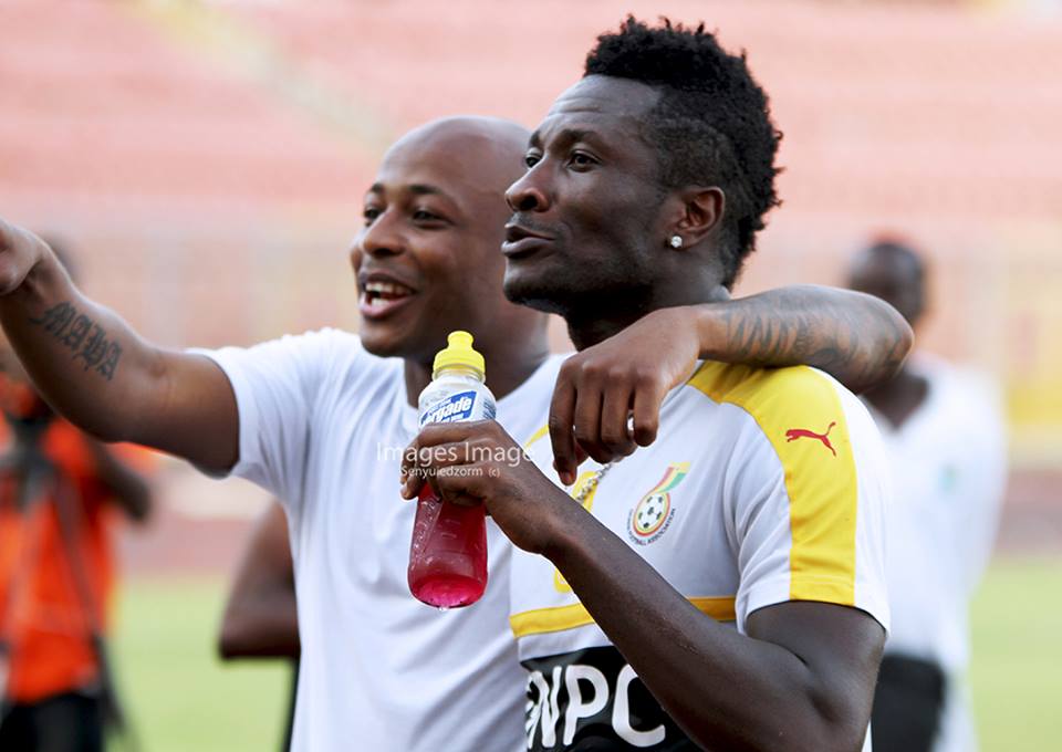 Captain of the Black Stars [Asamoah Gyan] and his deputy, Dede Ayew [Left] takes a walk down the park prior to the game - PHOTO by Images Image
