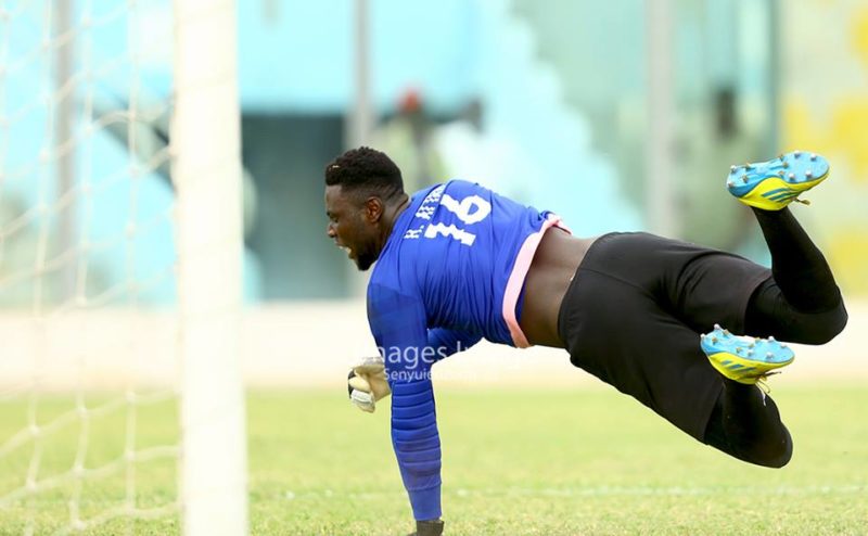 Elmina Sharks goalkeeper [Richard Attah] dives to his elastic limit to save a goal scoring opportunity - PHOTO by Images Image