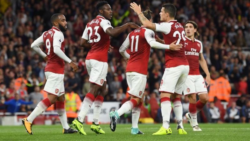 Granit Xhaka congratulates Danny Welbeck for pulling parity for Arsenal