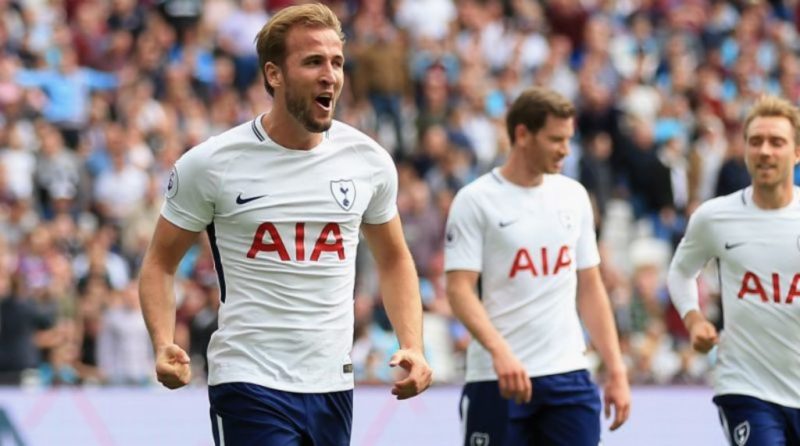 Hary Kane celebrating his double against West Ham United