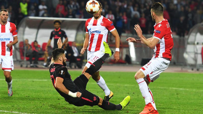 Olivier Giroud scores an overhead kick goal against Red Star Belgrade