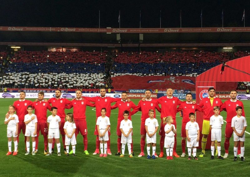 Serbia pose for national anthem
