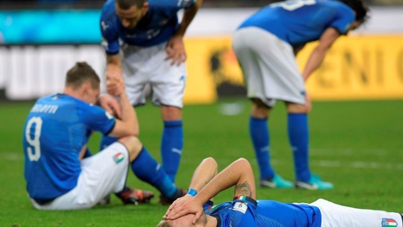 Italy's forward Ciro Immobile react at the end of the FIFA World Cup 2018 qualification