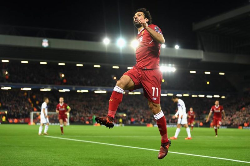 Mo Salah celebrates his fourth consecutive goal for Liverpool