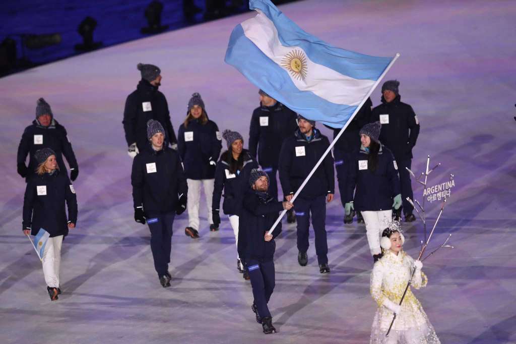 Flag bearer Sebastiano Gastaldi of Argentina leads the team during the Opening Ceremony of the PyeongChang 2018 Winter Olympic Games