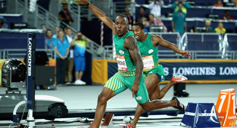 South Africa's Akani Simbine wins gold as he crosses the line