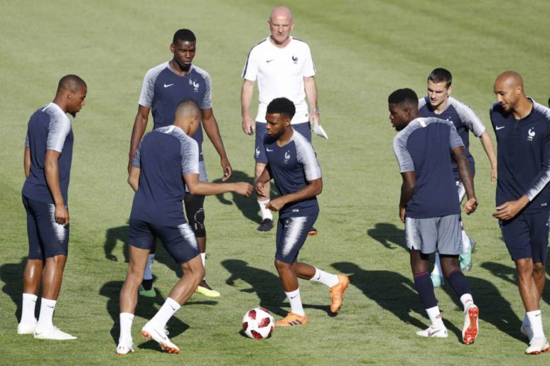 France's Thomas Lemar challenges for the ball with teammates during the official training at the eve of the round of 16 against Argentina