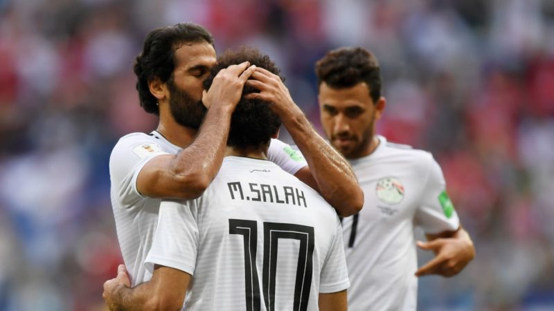 Mo Salah [10] receives a kiss on his forehead after putting Egypt ahead