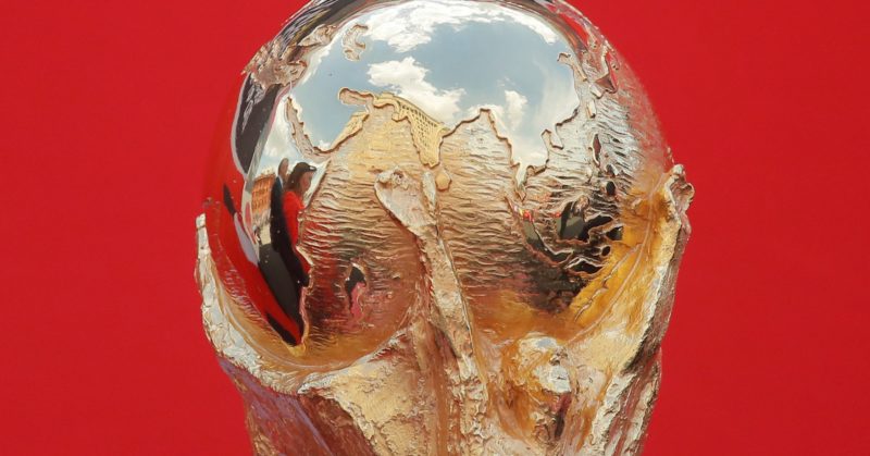 A close shot of the FIFA World Cup trophy
