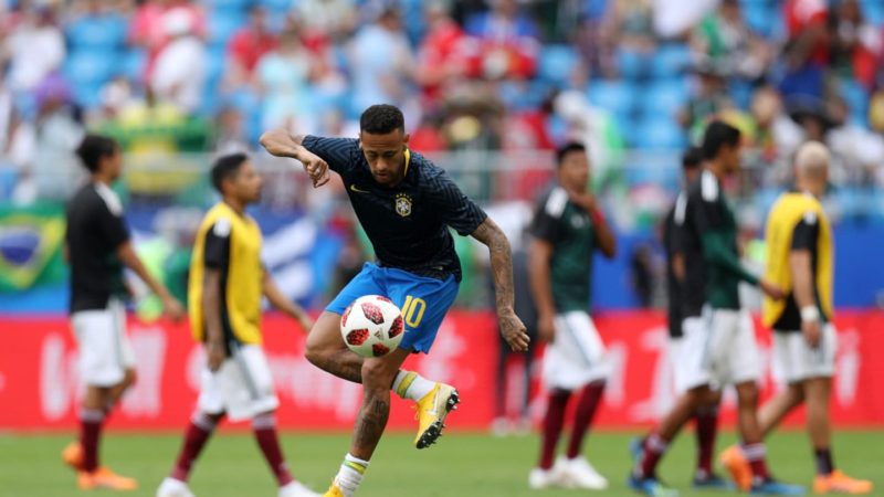Neymar trying some skills with the ball during the warm up session
