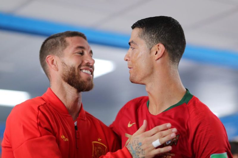 Ramos [left] sharing jokes with Ronaldo ahead of the Spain vs Portugal game