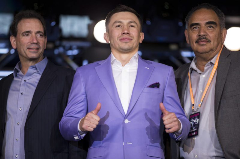 Gennady Golovkin [middle] and his trainer Abel Sanchez [right]