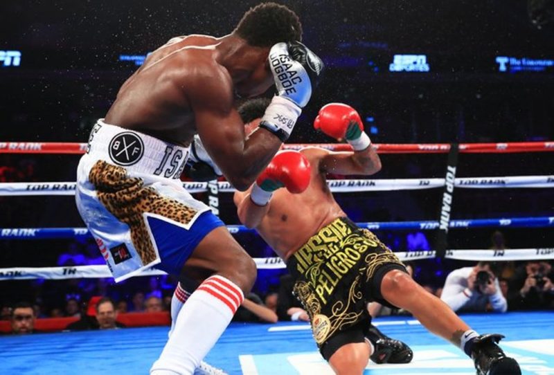 Isaac Dogboe brings down Jessie Magdaleno to his knees