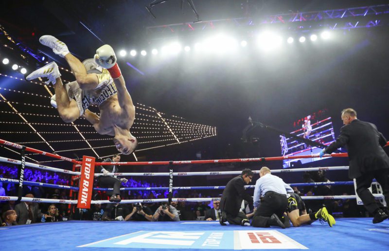 Teofimo Lopez doing the backflip after the victory